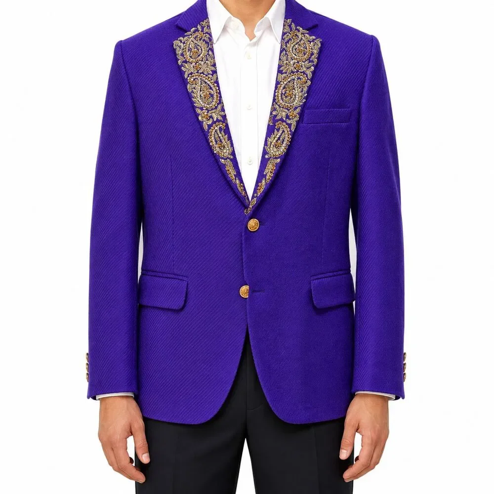 Mens 42R Purple Wool Blazer Hand Embroidered Gold Paisley Tuxedo Suit Jacket